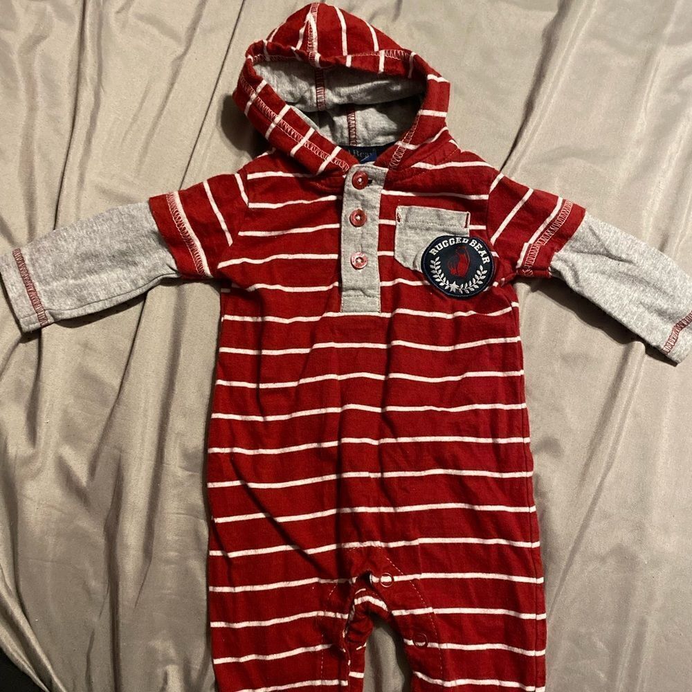 Rugged Bear 3-6M Baby Boy Hooded Footless Romper